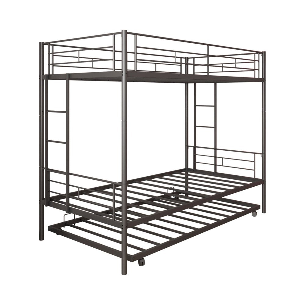 Uhomepro Twin Over Twin Metal Bunk Bed with Trundle, Sturdy Steel Frame, Modern Design, Black/Silver