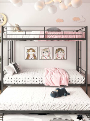 Uhomepro Twin Over Twin Metal Bunk Bed with Trundle, Sturdy Steel Frame, Modern Design, Black/Silver