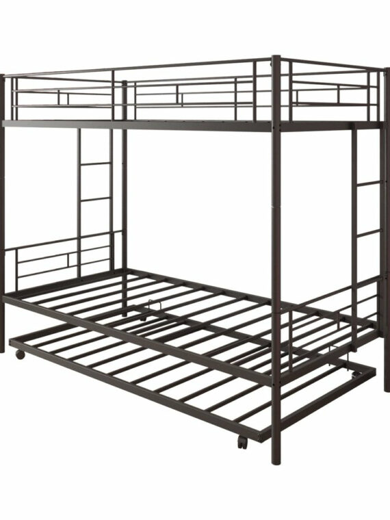 Uhomepro Twin Over Twin Metal Bunk Bed with Trundle, Sturdy Steel Frame, Modern Design, Black/Silver