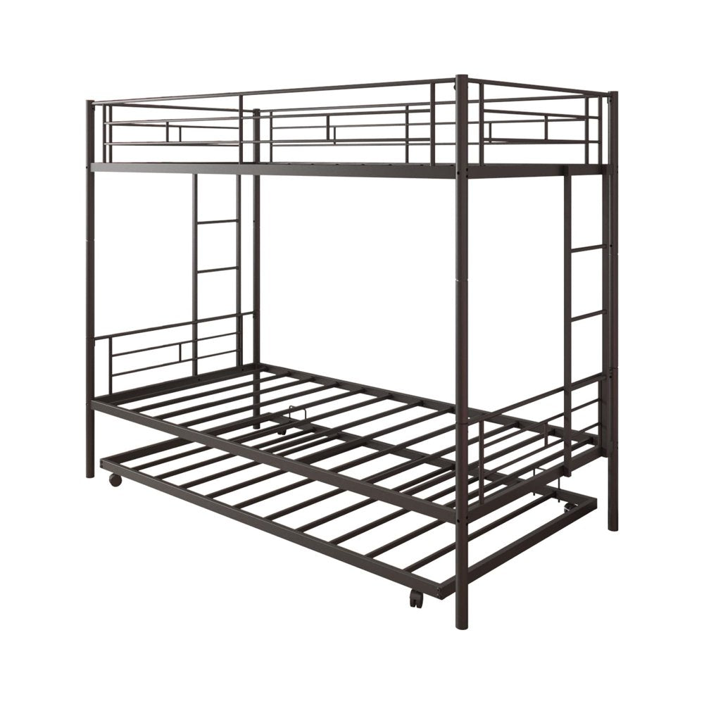 Uhomepro Twin Over Twin Metal Bunk Bed with Trundle, Sturdy Steel Frame, Modern Design, Black/Silver