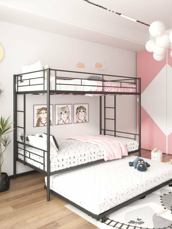 Uhomepro Twin Over Twin Metal Bunk Bed with Trundle, Sturdy Steel Frame, Modern Design, Black/Silver