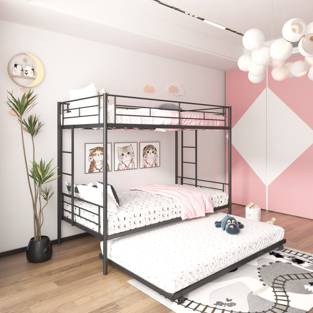 Uhomepro Twin Over Twin Metal Bunk Bed with Trundle, Sturdy Steel Frame, Modern Design, Black/Silver