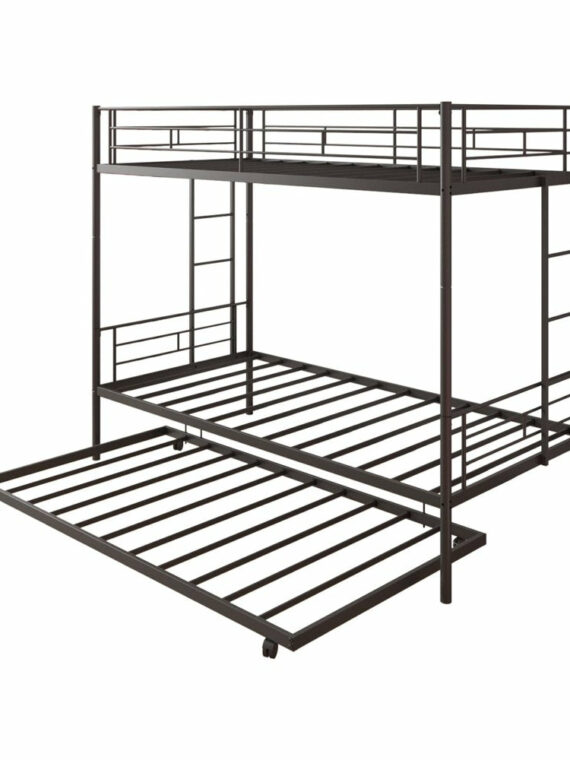 Uhomepro Twin Over Twin Metal Bunk Bed with Trundle, Sturdy Steel Frame, Modern Design, Black/Silver