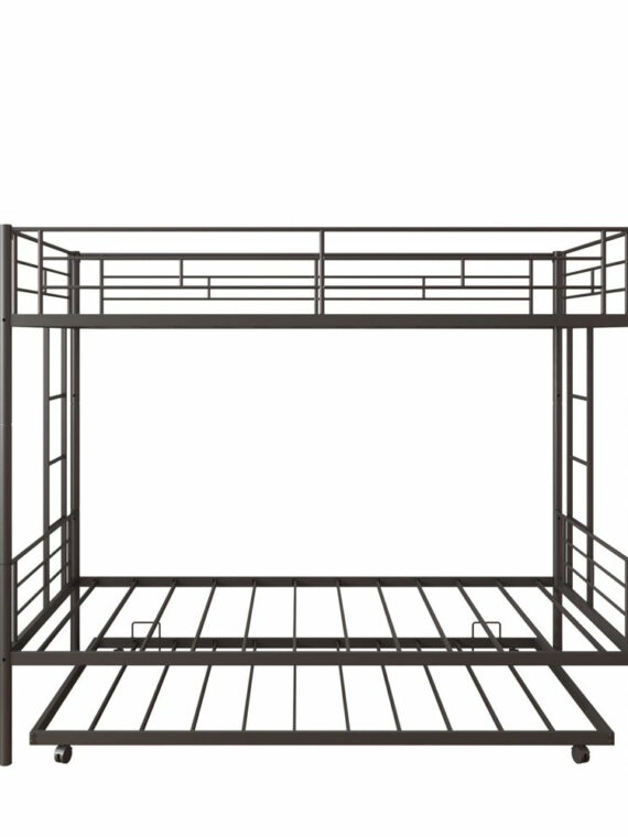 Uhomepro Twin Over Twin Metal Bunk Bed with Trundle, Sturdy Steel Frame, Modern Design, Black/Silver