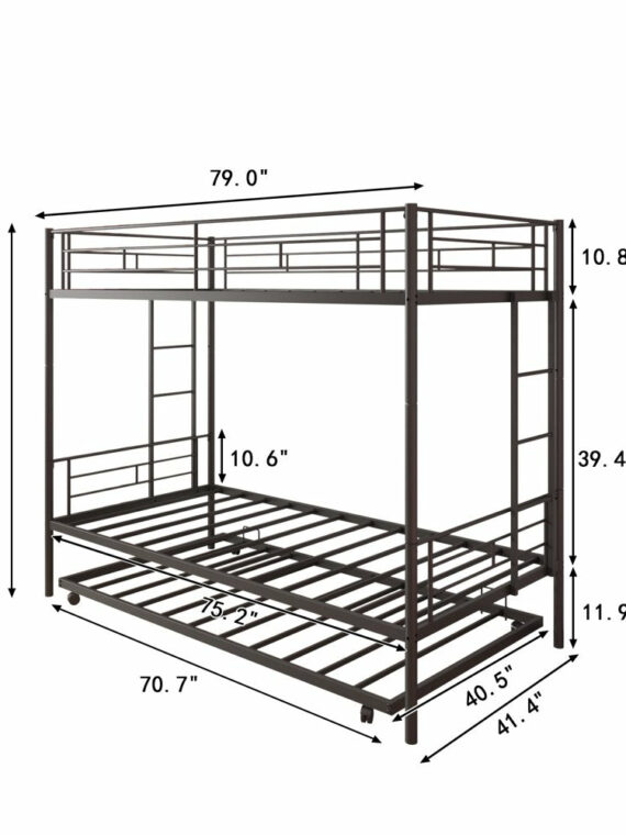 Uhomepro Twin Over Twin Metal Bunk Bed with Trundle, Sturdy Steel Frame, Modern Design, Black/Silver