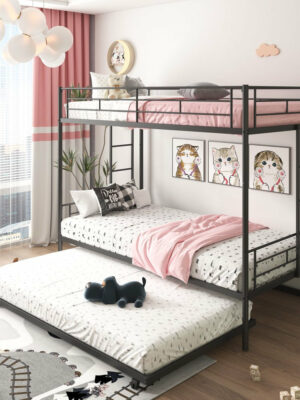 Uhomepro Twin Over Twin Metal Bunk Bed with Trundle, Sturdy Steel Frame, Modern Design, Black/Silver