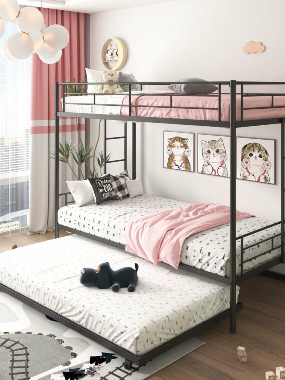 Uhomepro Twin Over Twin Metal Bunk Bed with Trundle, Sturdy Steel Frame, Modern Design, Black/Silver