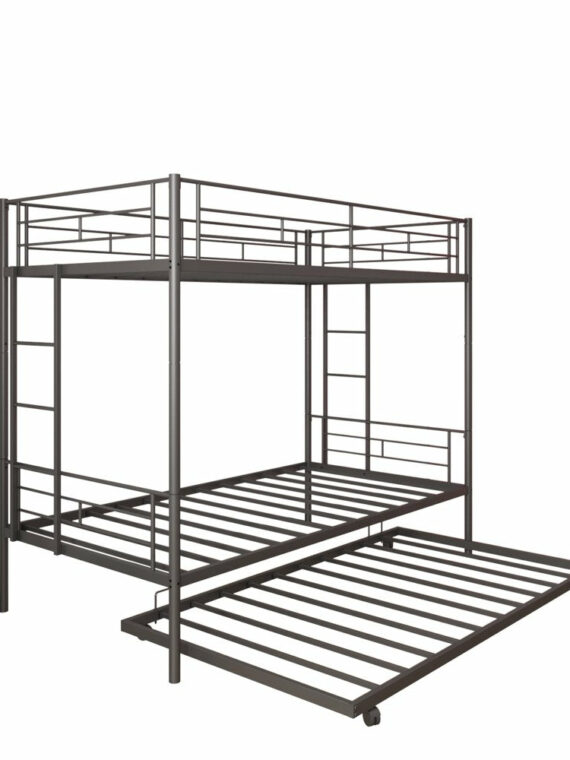 Uhomepro Twin Over Twin Metal Bunk Bed with Trundle, Sturdy Steel Frame, Modern Design, Black/Silver