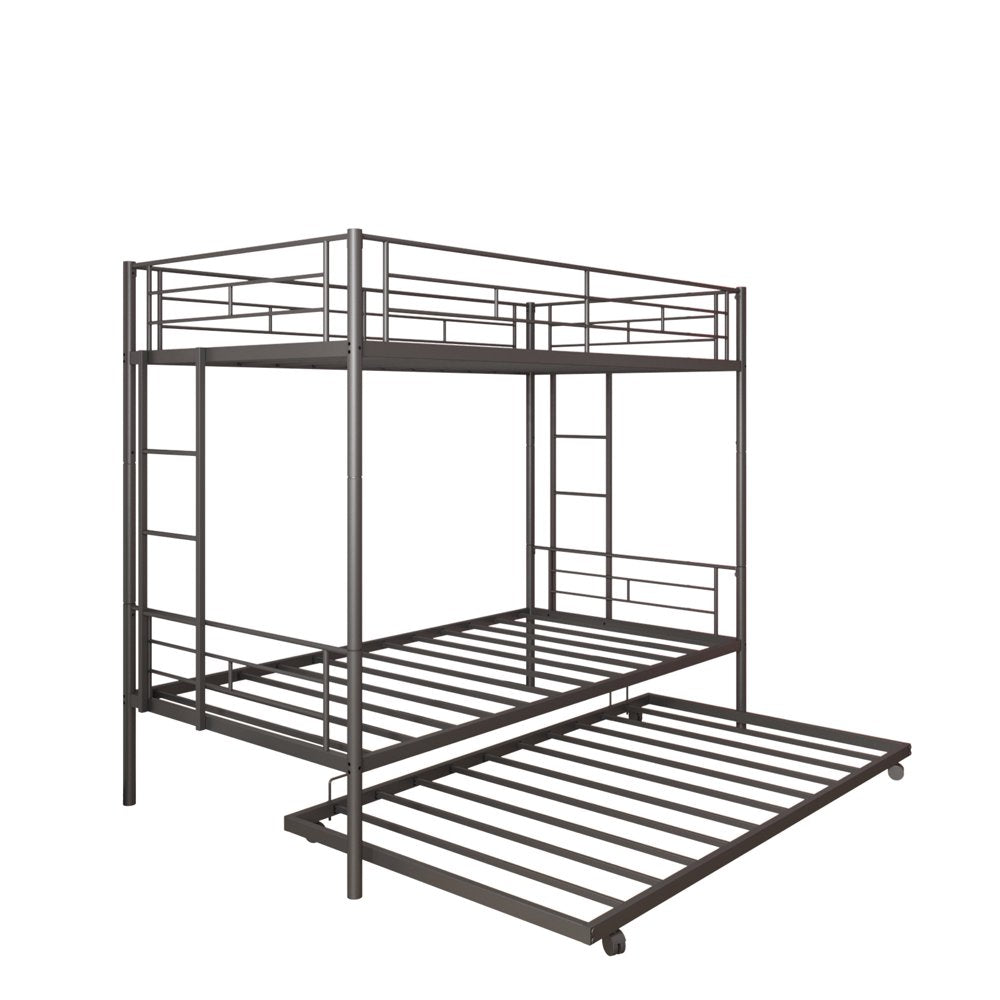 Uhomepro Twin Over Twin Metal Bunk Bed with Trundle, Sturdy Steel Frame, Modern Design, Black/Silver