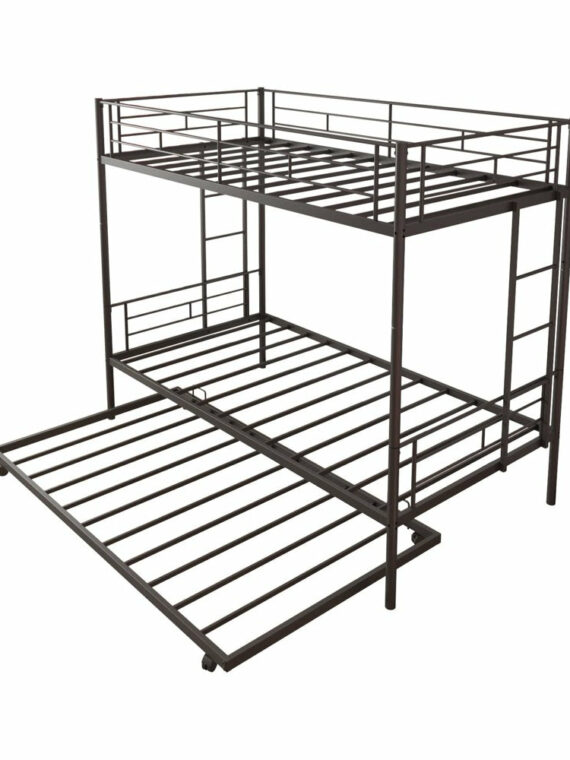 Uhomepro Twin Over Twin Metal Bunk Bed with Trundle, Sturdy Steel Frame, Modern Design, Black/Silver