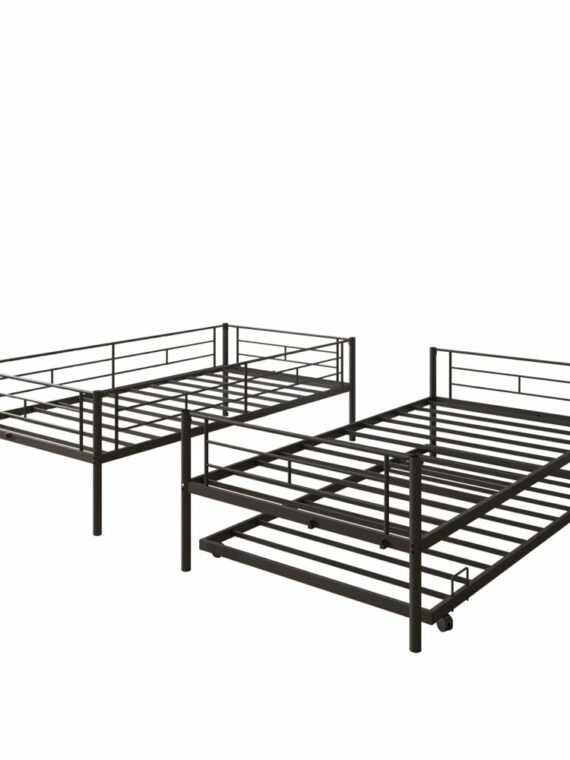 Uhomepro Twin Over Twin Metal Bunk Bed with Trundle, Sturdy Steel Frame, Modern Design, Black/Silver
