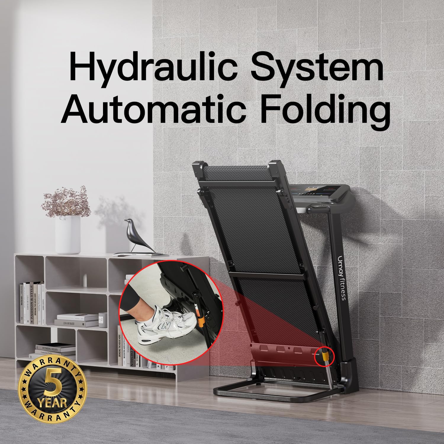UMAY Fitness Auto Folding Treadmill with 3 Incline Levels, Quiet Brushless Motor, Pulse Sensors, and Foldable Design