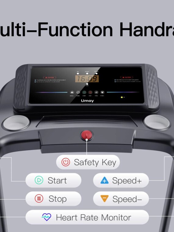 UMAY Fitness Auto Folding Treadmill with 3 Incline Levels, Quiet Brushless Motor, Pulse Sensors, and Foldable Design