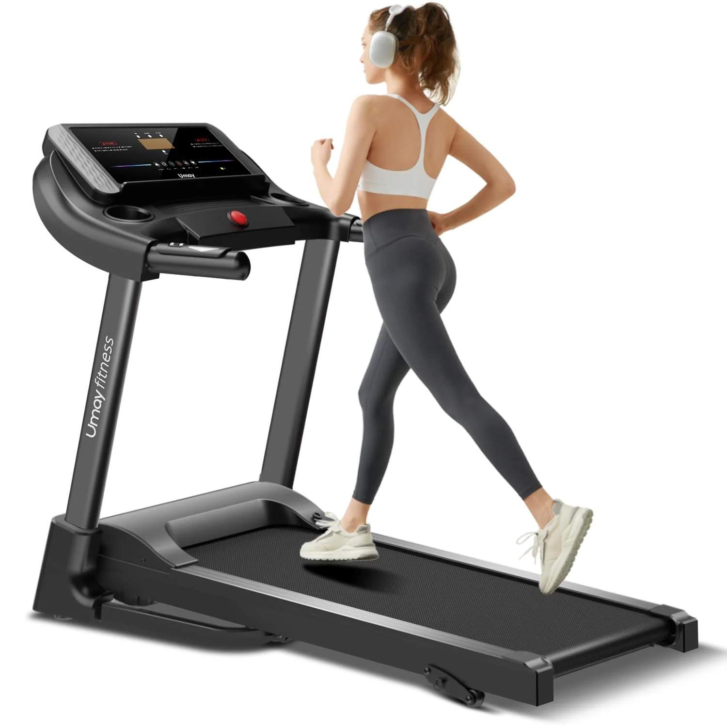 UMAY Fitness Auto Folding Treadmill with 3 Incline Levels, Quiet Brushless Motor, Pulse Sensors, and Foldable Design