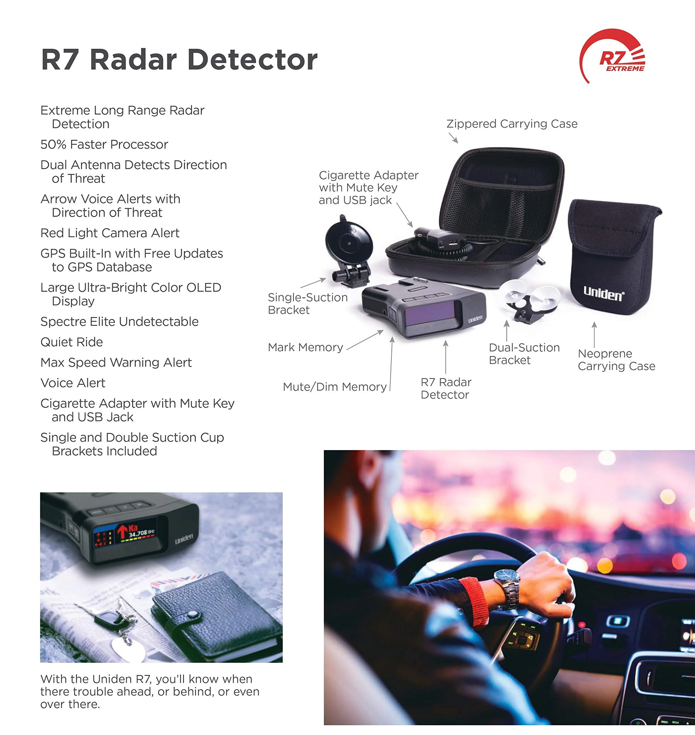 Uniden Extreme Long Range Laser/Radar Detector with 360° Detection, GPS, OLED Display, and Camera Alerts