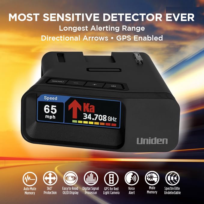 Uniden Extreme Long Range Laser/Radar Detector with 360° Detection, GPS, OLED Display, and Camera Alerts