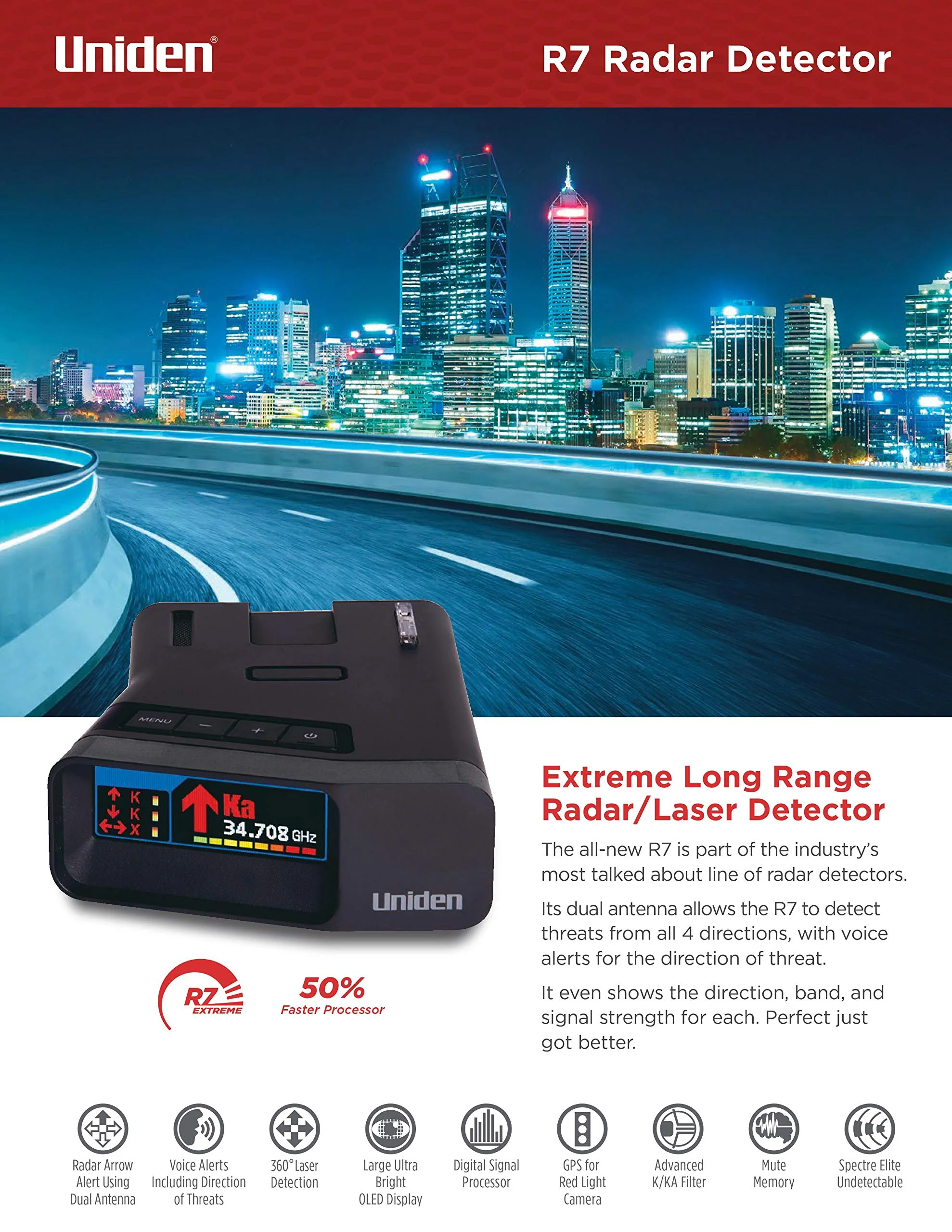 Uniden Extreme Long Range Laser/Radar Detector with 360° Detection, GPS, OLED Display, and Camera Alerts