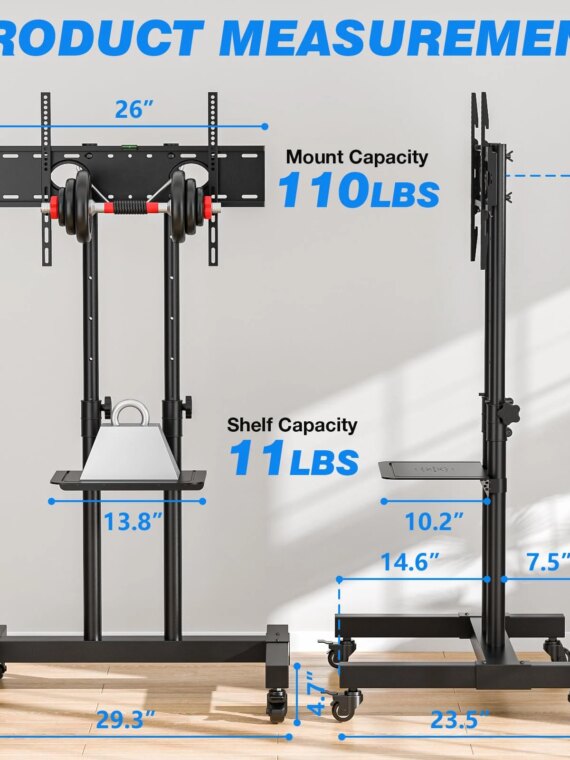 Universal Mobile TV Cart Stand with Wheels, 32"-80" Screens, 110 lbs Capacity, Adjustable Height, Steel, VESA Compatible