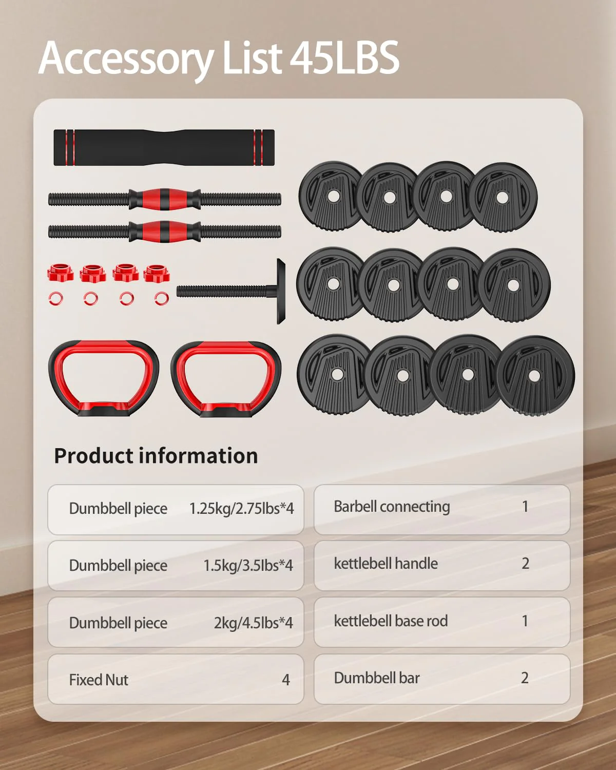 UNNMIIY 45lbs Adjustable Dumbbells Set - 4-in-1 Multifunctional Weights for Home Gym