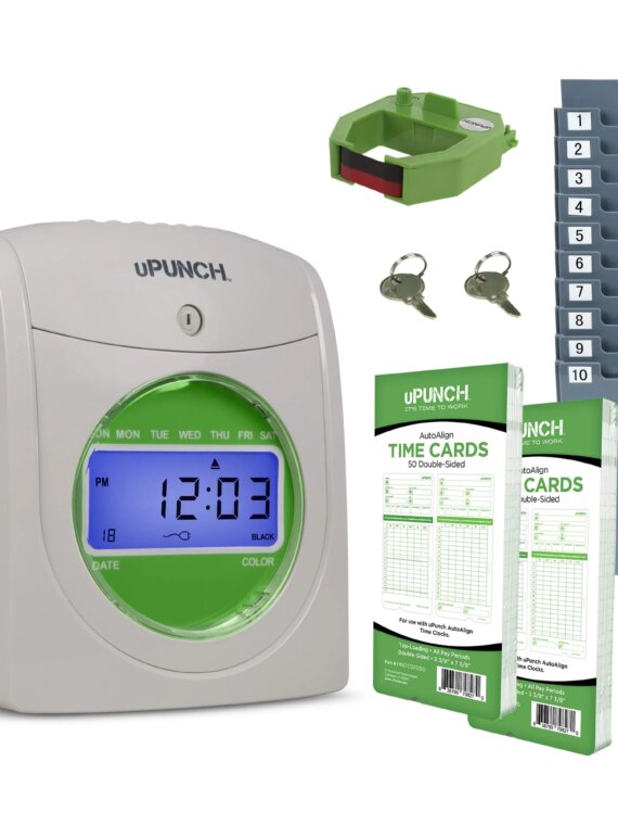 uPunch HN3000 Auto Align Time Clock Bundle with 100 Cards, Rack & Ink Ribbon