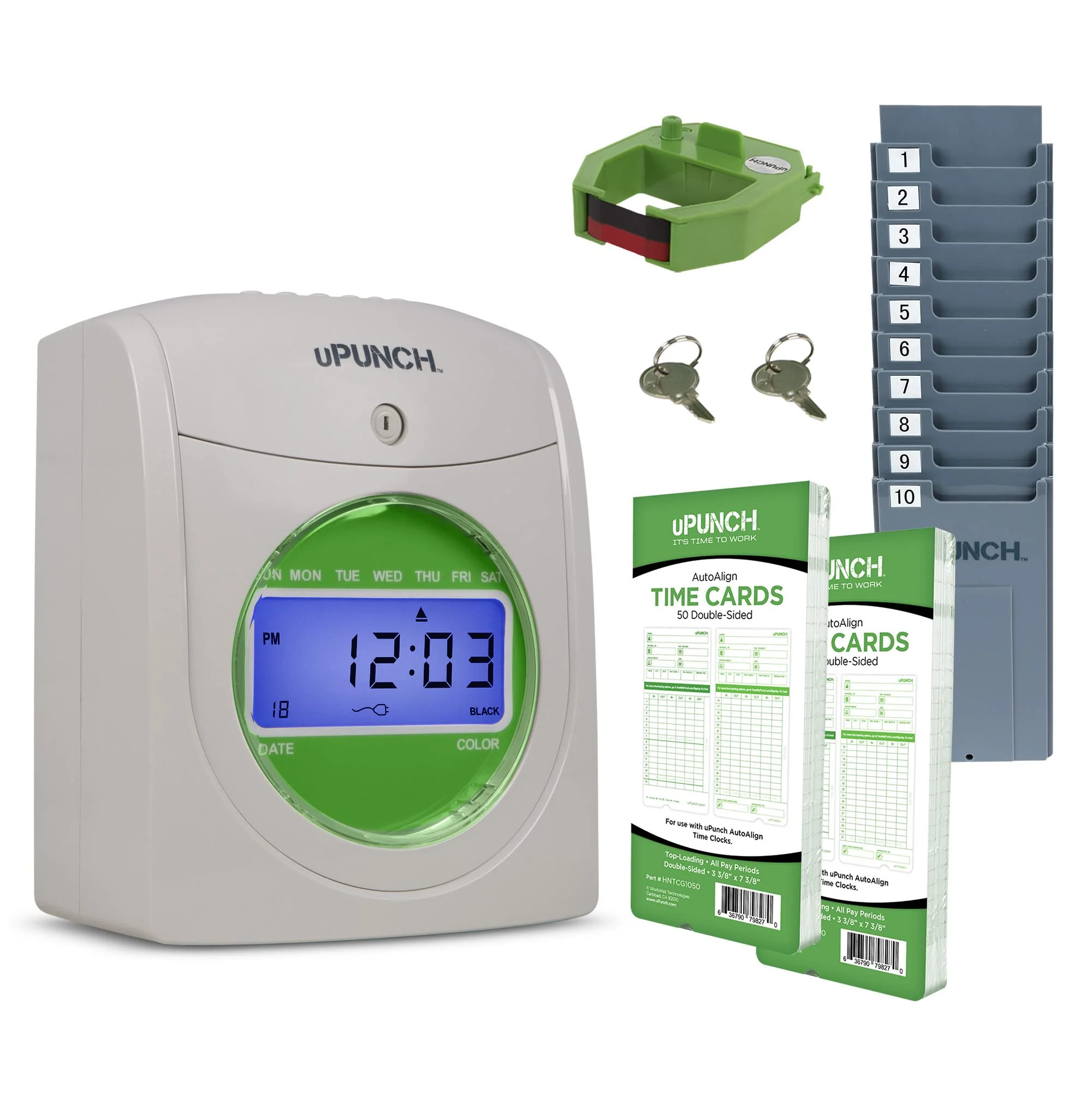 uPunch HN3000 Auto Align Time Clock Bundle with 100 Cards, Rack & Ink Ribbon