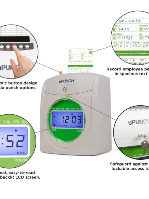 uPunch HN3000 Auto Align Time Clock Bundle with 100 Cards, Rack & Ink Ribbon