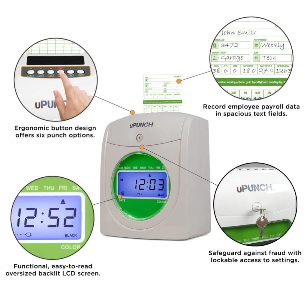 uPunch HN3000 Auto Align Time Clock Bundle with 100 Cards, Rack & Ink Ribbon