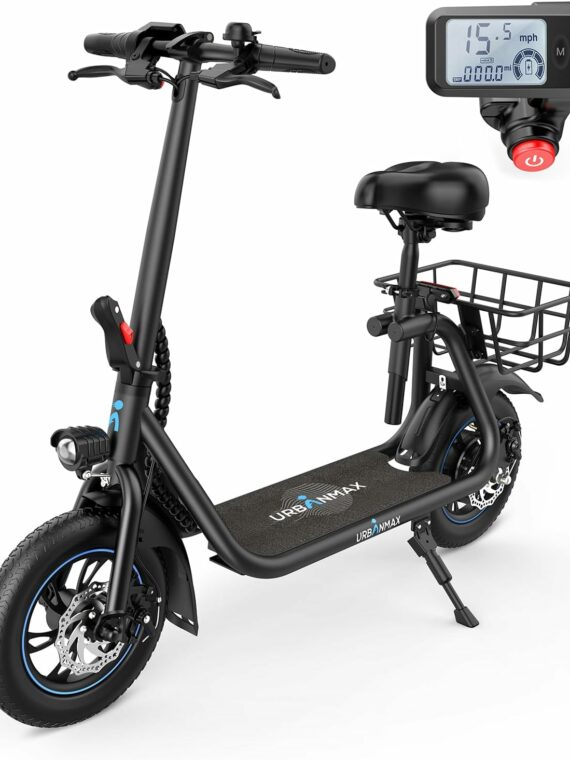 URBANMAX C1 Electric Scooter with Seat, 450W Motor, 22-Mile Range, Foldable, Dual Braking, LCD Display, Black