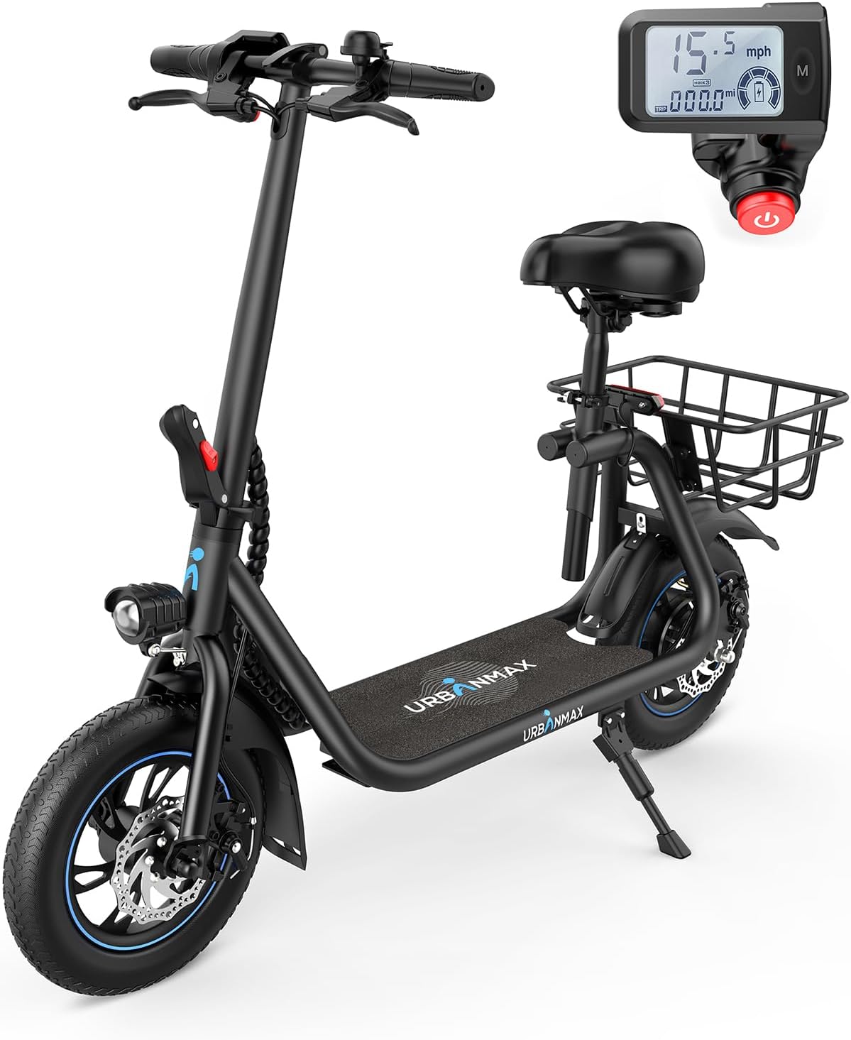 URBANMAX C1 Electric Scooter with Seat, 450W Motor, 22-Mile Range, Foldable, Dual Braking, LCD Display, Black