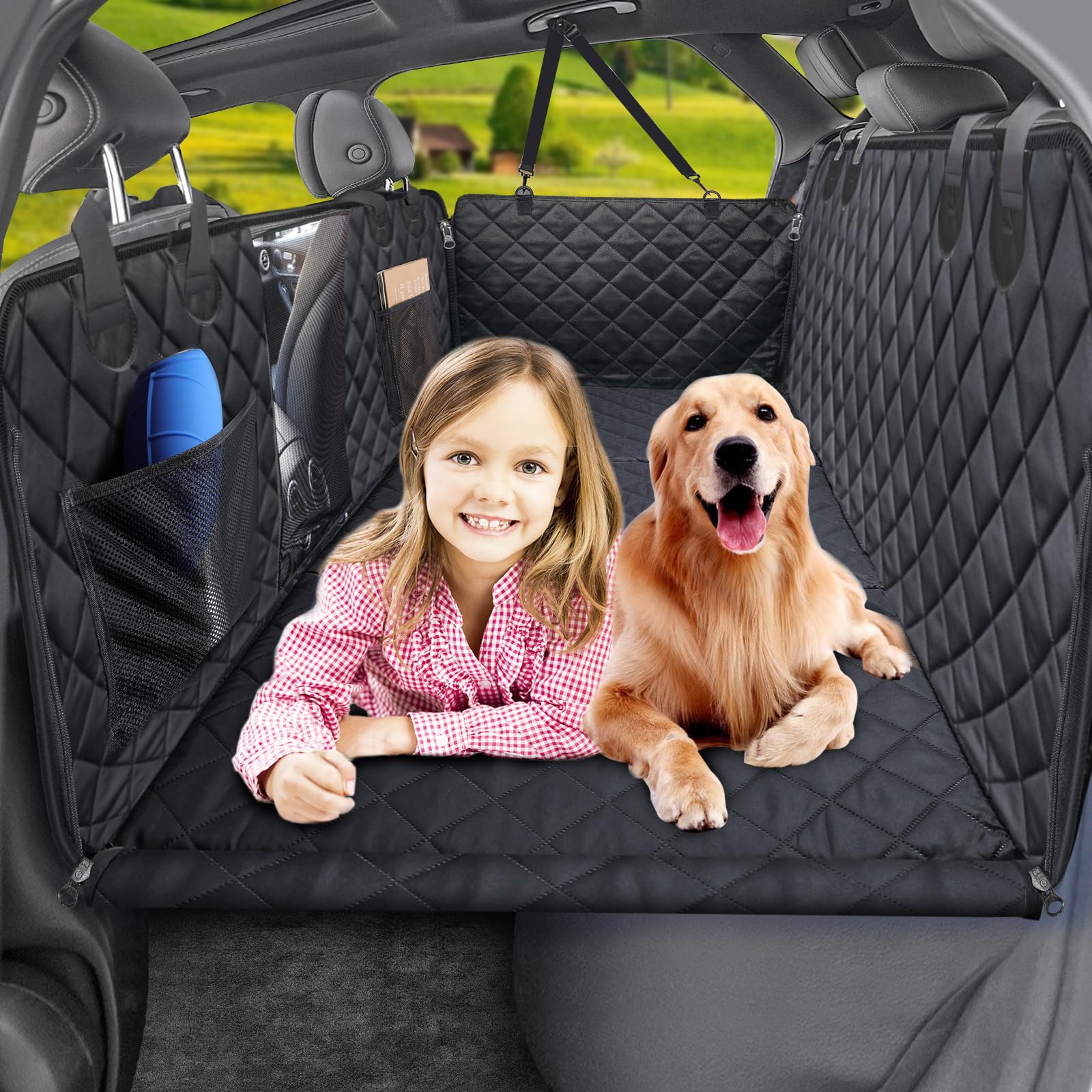 URPOWER Dog Car Seat Cover Extender, Convertible Waterproof Hammock with Mesh Window, Fits Most Cars & SUVs, Supports 330 lbs, Includes Seat Belt