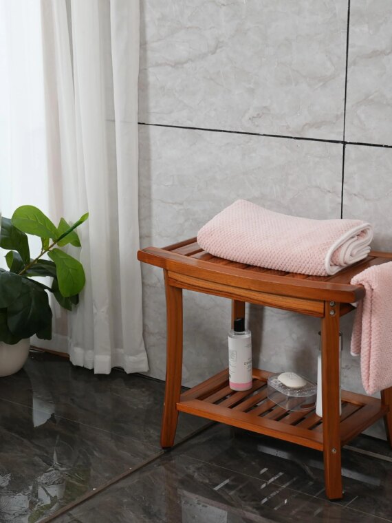 Utoplike Teak Shower Bench Seat with Handles, Non-Slip Rubber Feet, 22"x13"x18.6"