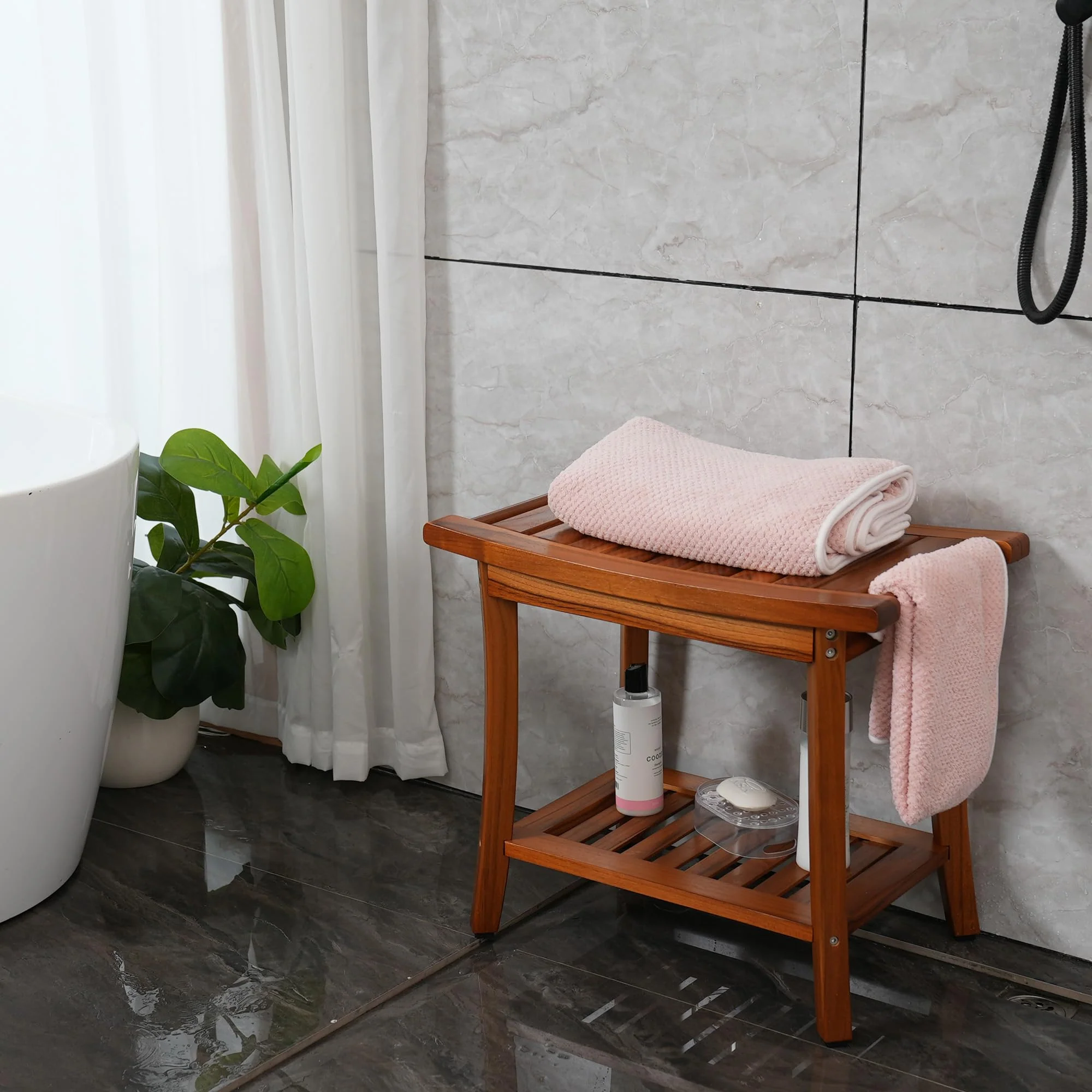 Utoplike Teak Shower Bench Seat with Handles, Non-Slip Rubber Feet, 22"x13"x18.6"