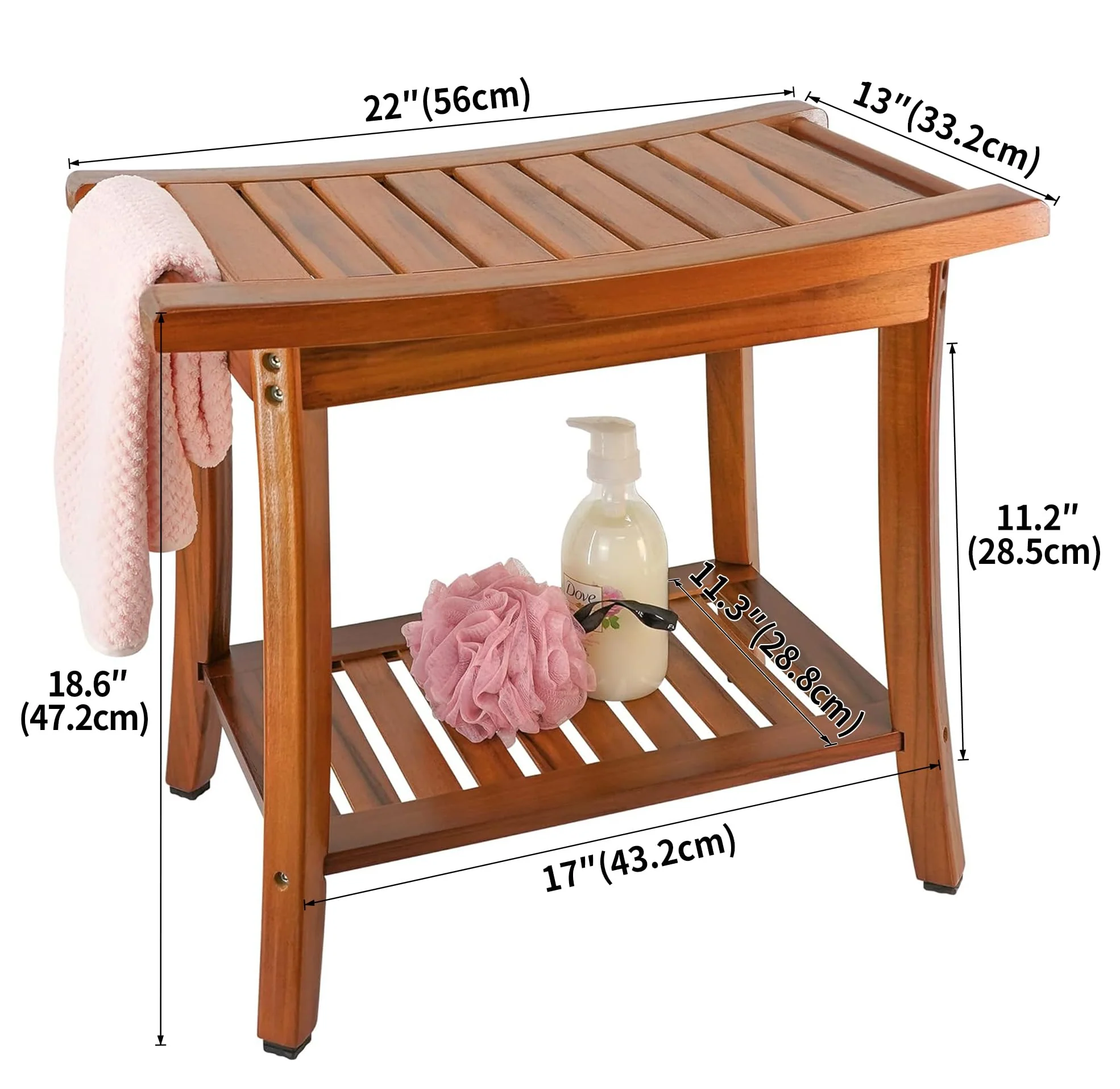 Utoplike Teak Shower Bench Seat with Handles, Non-Slip Rubber Feet, 22"x13"x18.6"