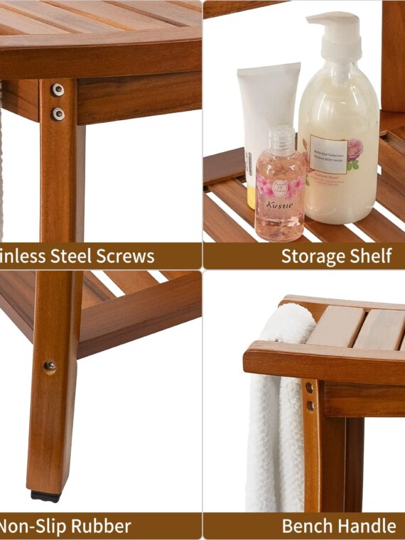 Utoplike Teak Shower Bench Seat with Handles, Non-Slip Rubber Feet, 22"x13"x18.6"