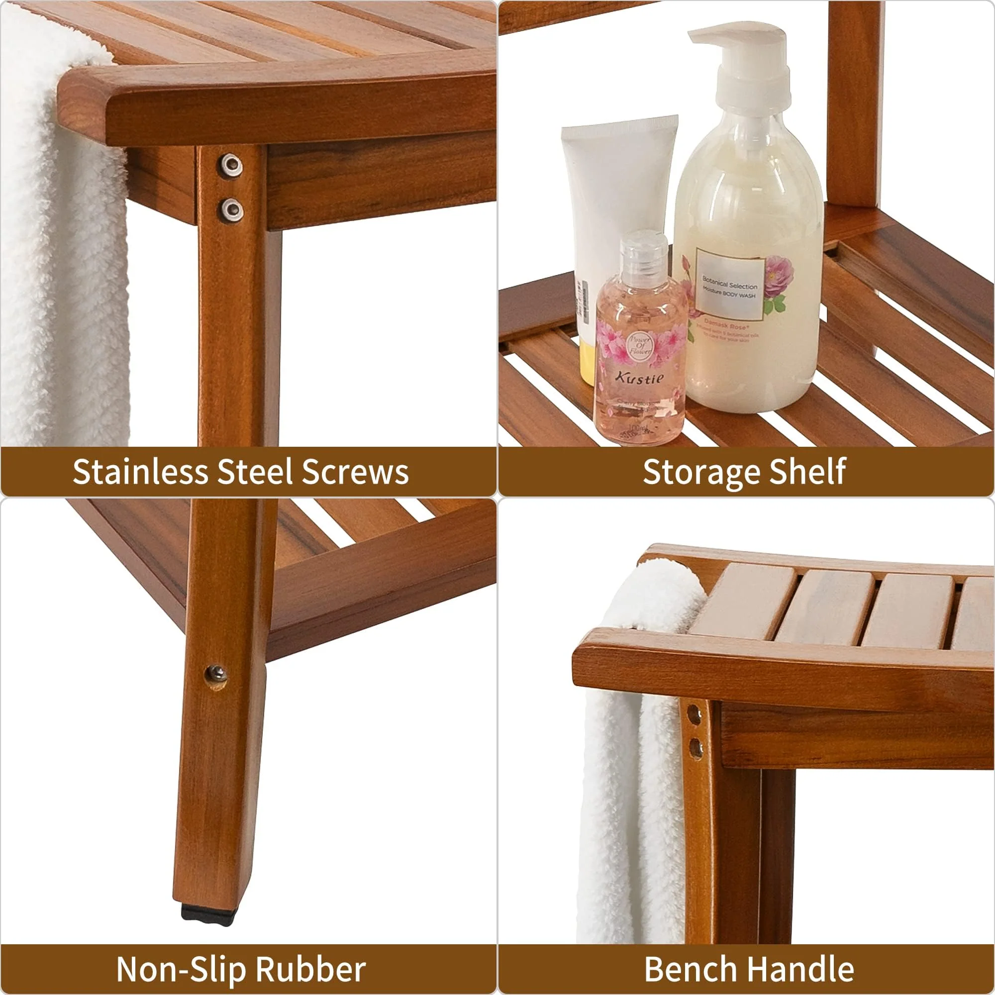 Utoplike Teak Shower Bench Seat with Handles, Non-Slip Rubber Feet, 22"x13"x18.6"