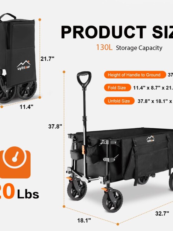 Uyittour Foldable Wagon Cart, Compact, Durable, All-Terrain Wheels, Side Pocket, Brakes, No Assembly Needed