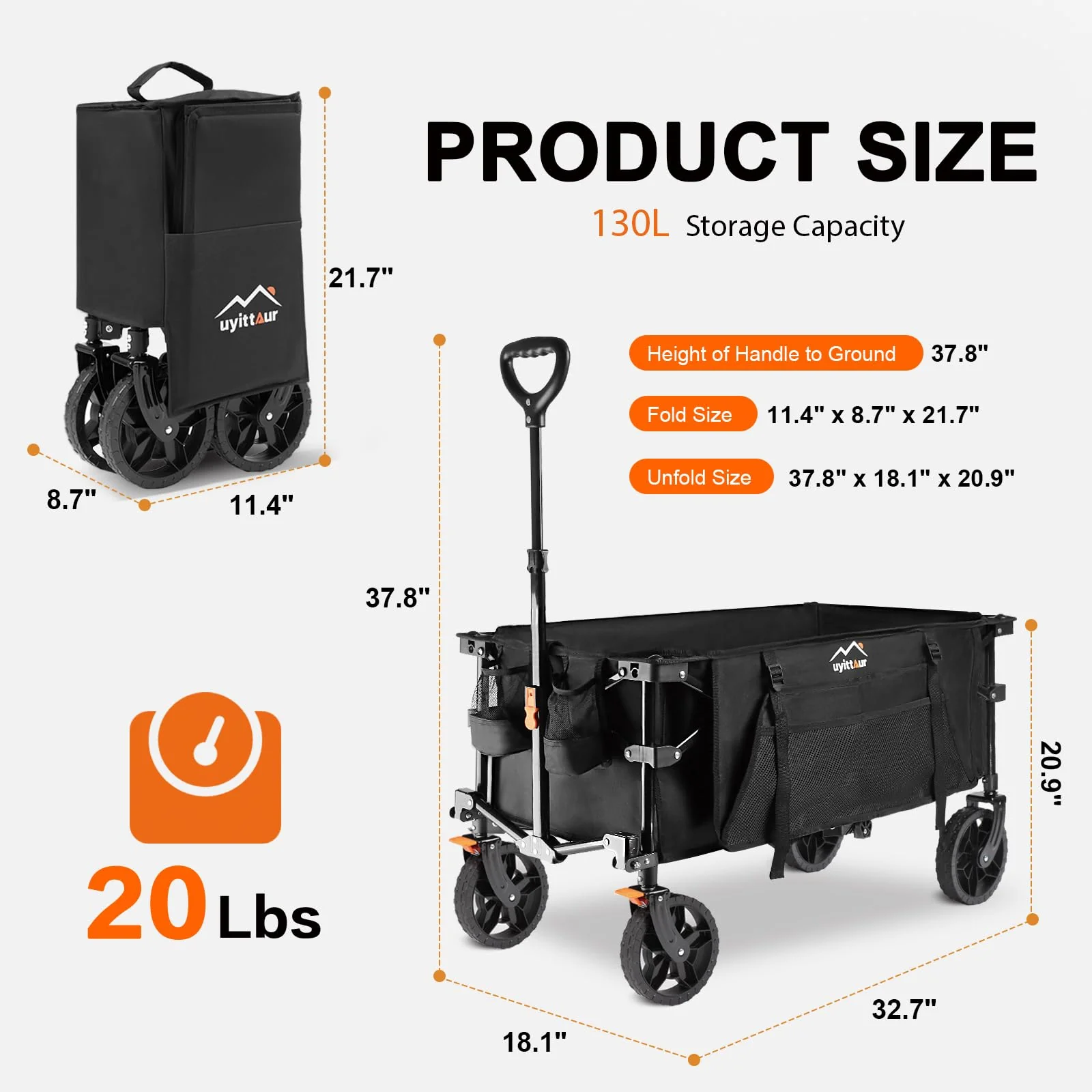 Uyittour Foldable Wagon Cart, Compact, Durable, All-Terrain Wheels, Side Pocket, Brakes, No Assembly Needed