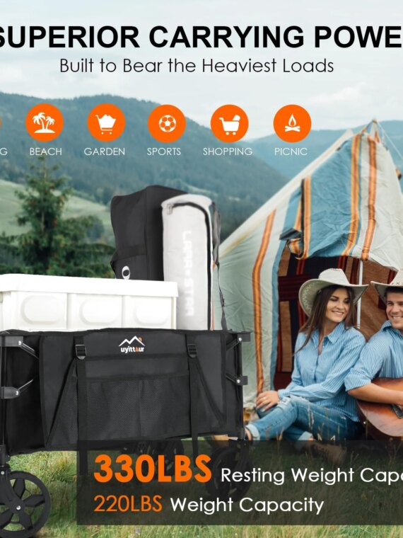 Uyittour Foldable Wagon Cart, Compact, Durable, All-Terrain Wheels, Side Pocket, Brakes, No Assembly Needed