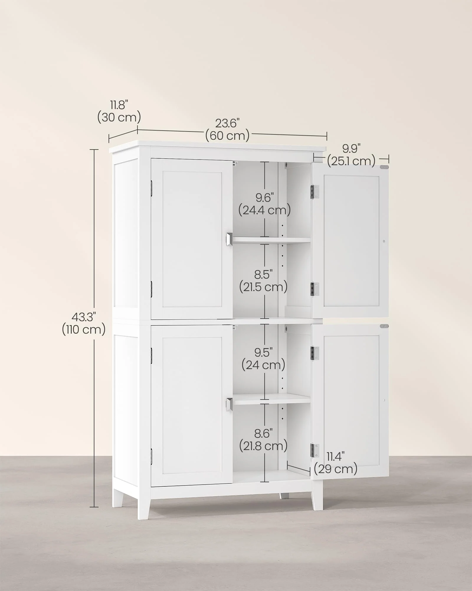 VASAGLE Bathroom Floor Storage Cabinet, 4 Doors, Adjustable Shelves, MDF, Anti-Tip Safety