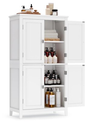VASAGLE Bathroom Floor Storage Cabinet, 4 Doors, Adjustable Shelves, MDF, Anti-Tip Safety