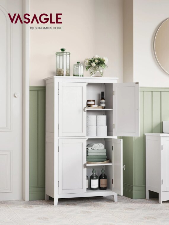 VASAGLE Bathroom Floor Storage Cabinet, 4 Doors, Adjustable Shelves, MDF, Anti-Tip Safety