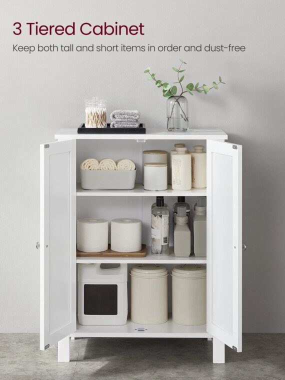 VASAGLE Bathroom Storage Cabinet, White MDF, 2 Adjustable Shelves, Space-Saving Design, Anti-Tip Kit