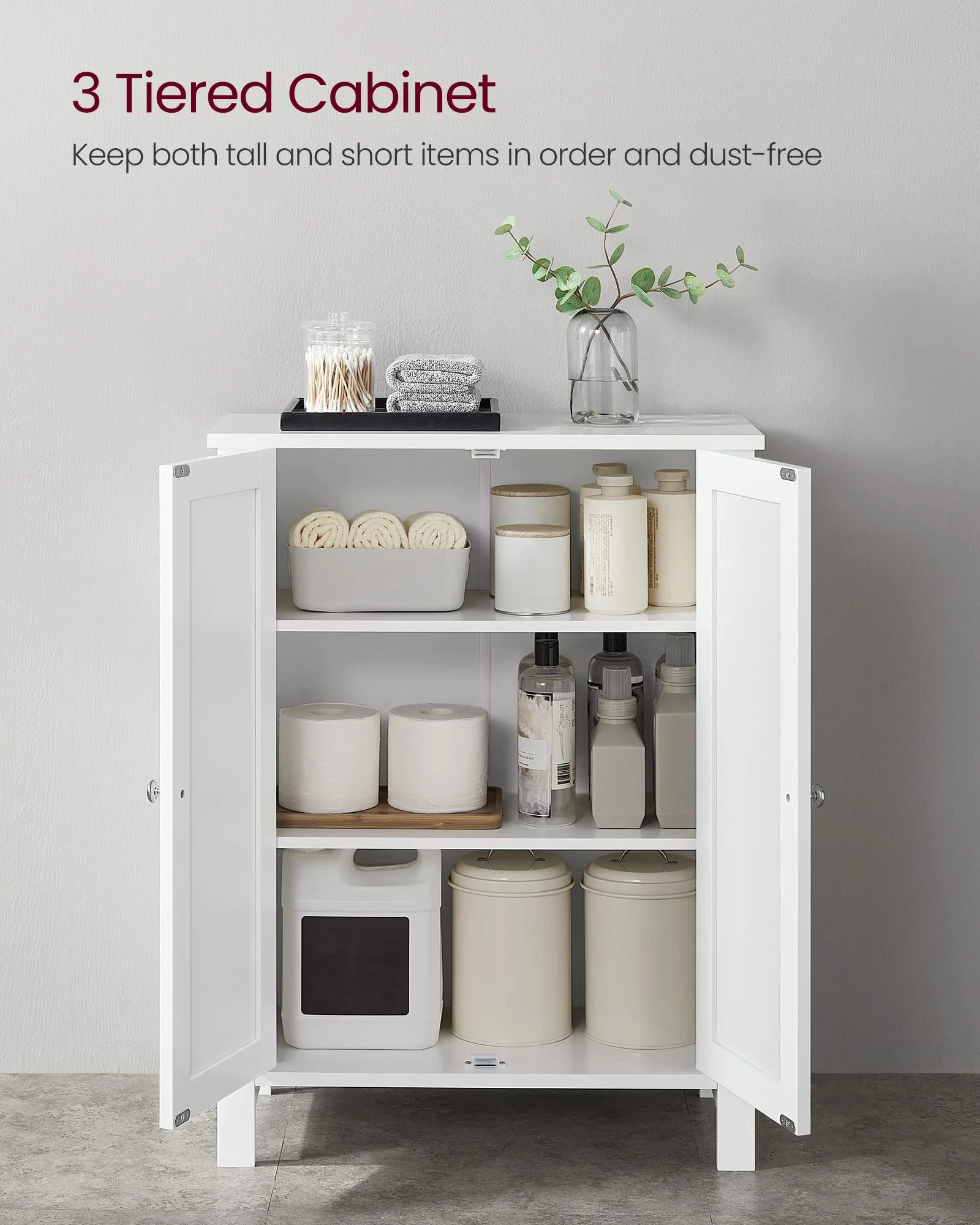 VASAGLE Bathroom Storage Cabinet, White MDF, 2 Adjustable Shelves, Space-Saving Design, Anti-Tip Kit