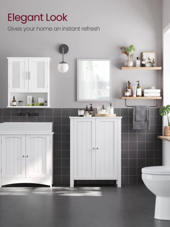 VASAGLE Bathroom Storage Cabinet, White MDF, 2 Adjustable Shelves, Space-Saving Design, Anti-Tip Kit