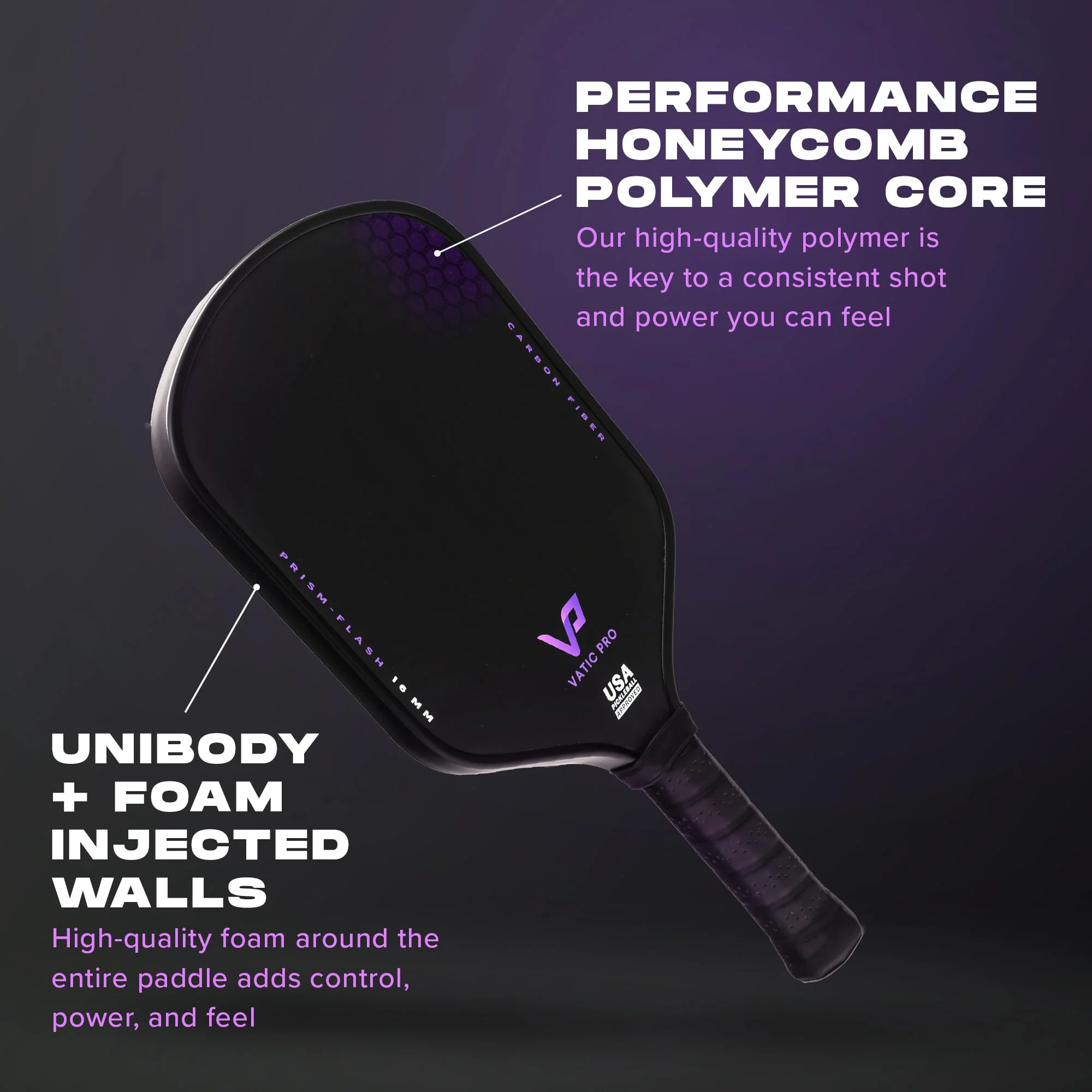 Vatic Pro Prism Flash 16mm Carbon Fiber Pickleball Paddle - Foam Walls, USAPA Approved