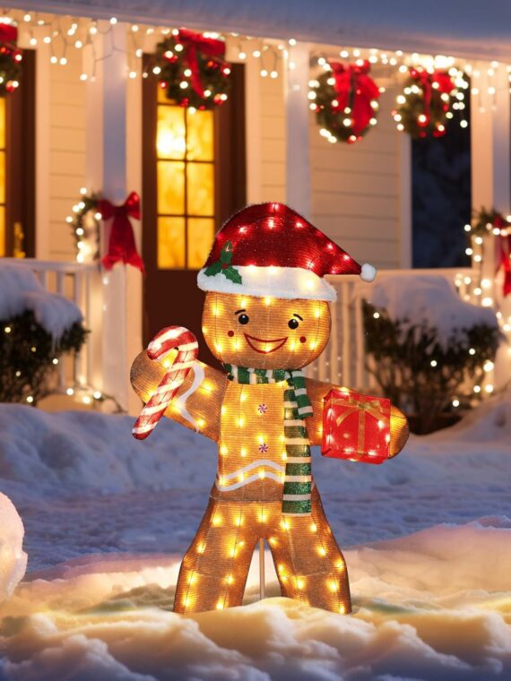 VEIKOU 5FT Gingerbread Man Outdoor Christmas Decoration with 120 LED Lights, Metal Frame, Holiday Yard Decor