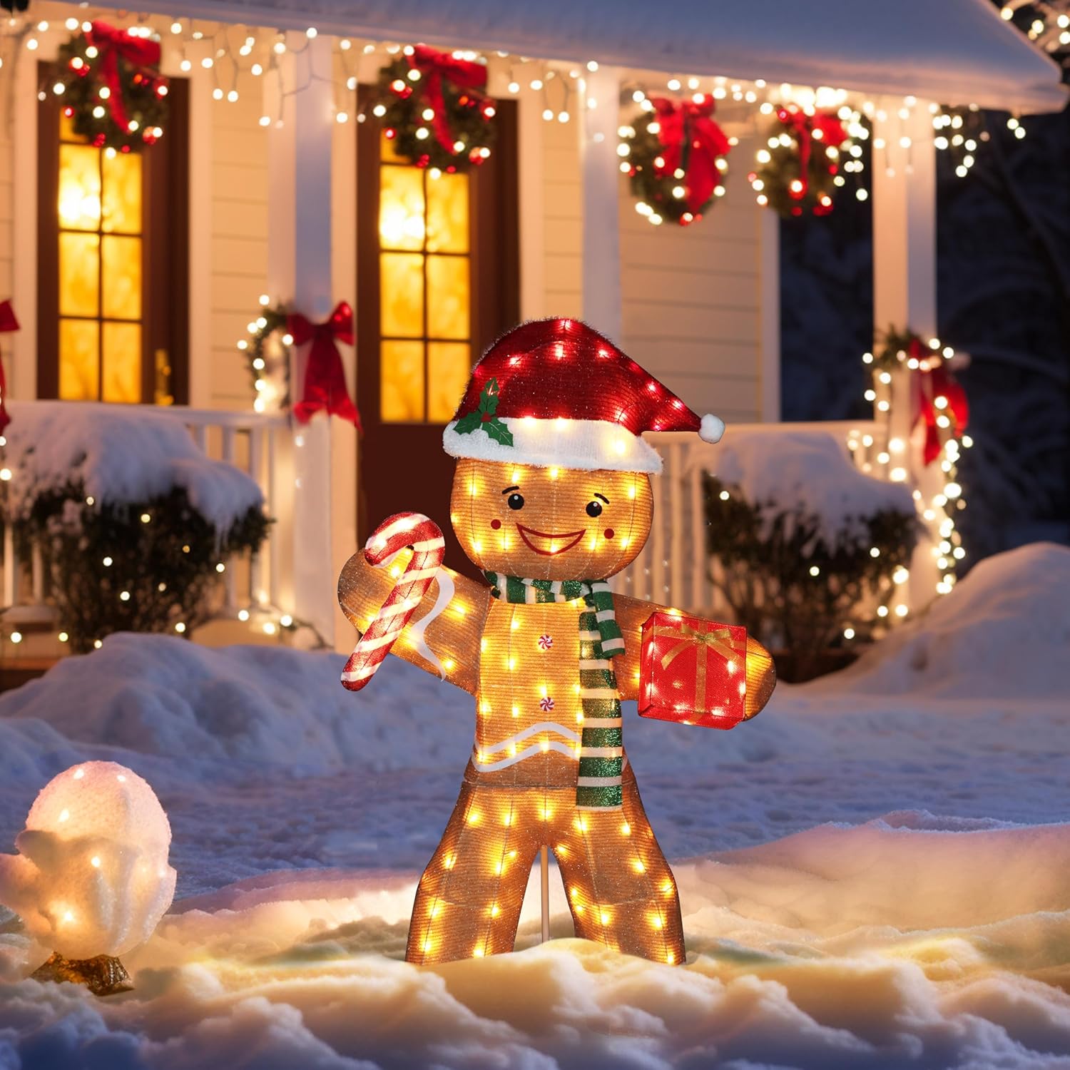 VEIKOU 5FT Gingerbread Man Outdoor Christmas Decoration with 120 LED Lights, Metal Frame, Holiday Yard Decor