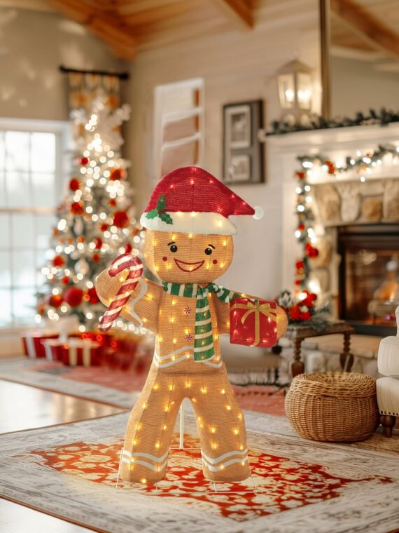 VEIKOU 5FT Gingerbread Man Outdoor Christmas Decoration with 120 LED Lights, Metal Frame, Holiday Yard Decor