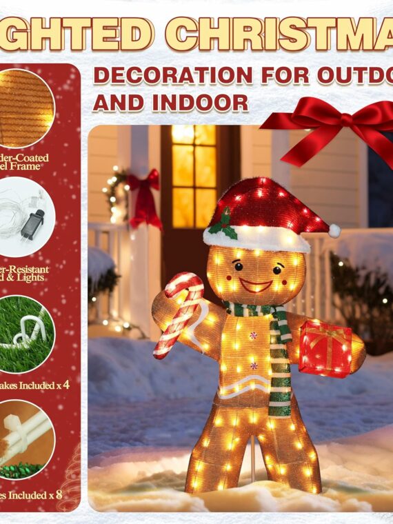 VEIKOU 5FT Gingerbread Man Outdoor Christmas Decoration with 120 LED Lights, Metal Frame, Holiday Yard Decor