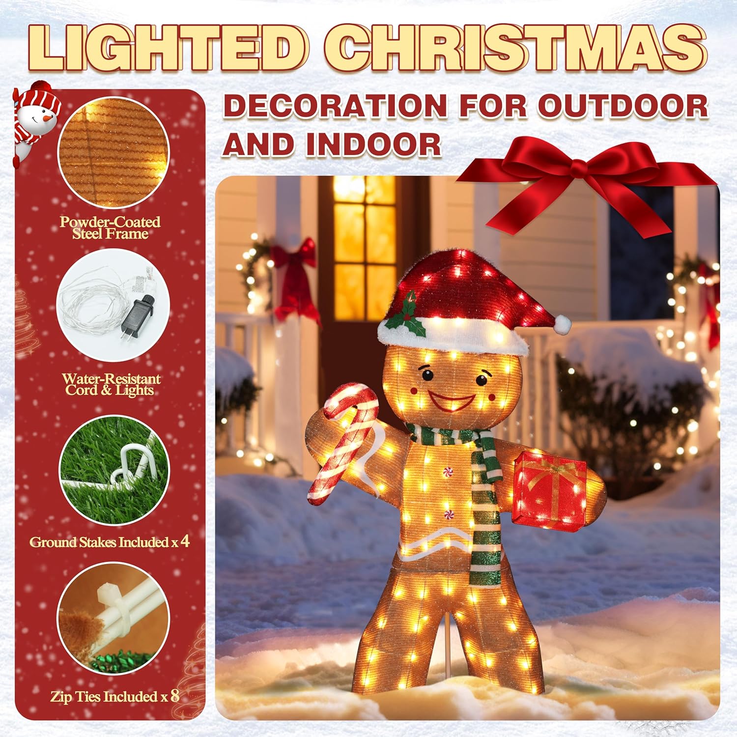 VEIKOU 5FT Gingerbread Man Outdoor Christmas Decoration with 120 LED Lights, Metal Frame, Holiday Yard Decor